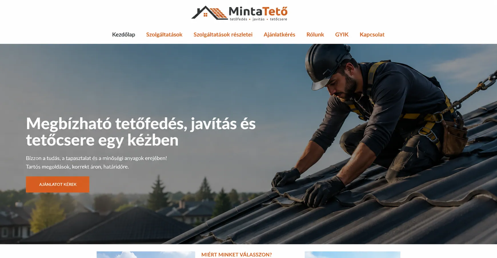 MintaTető tetőfedő demó weboldal kezdőlapjának előnézeti képe