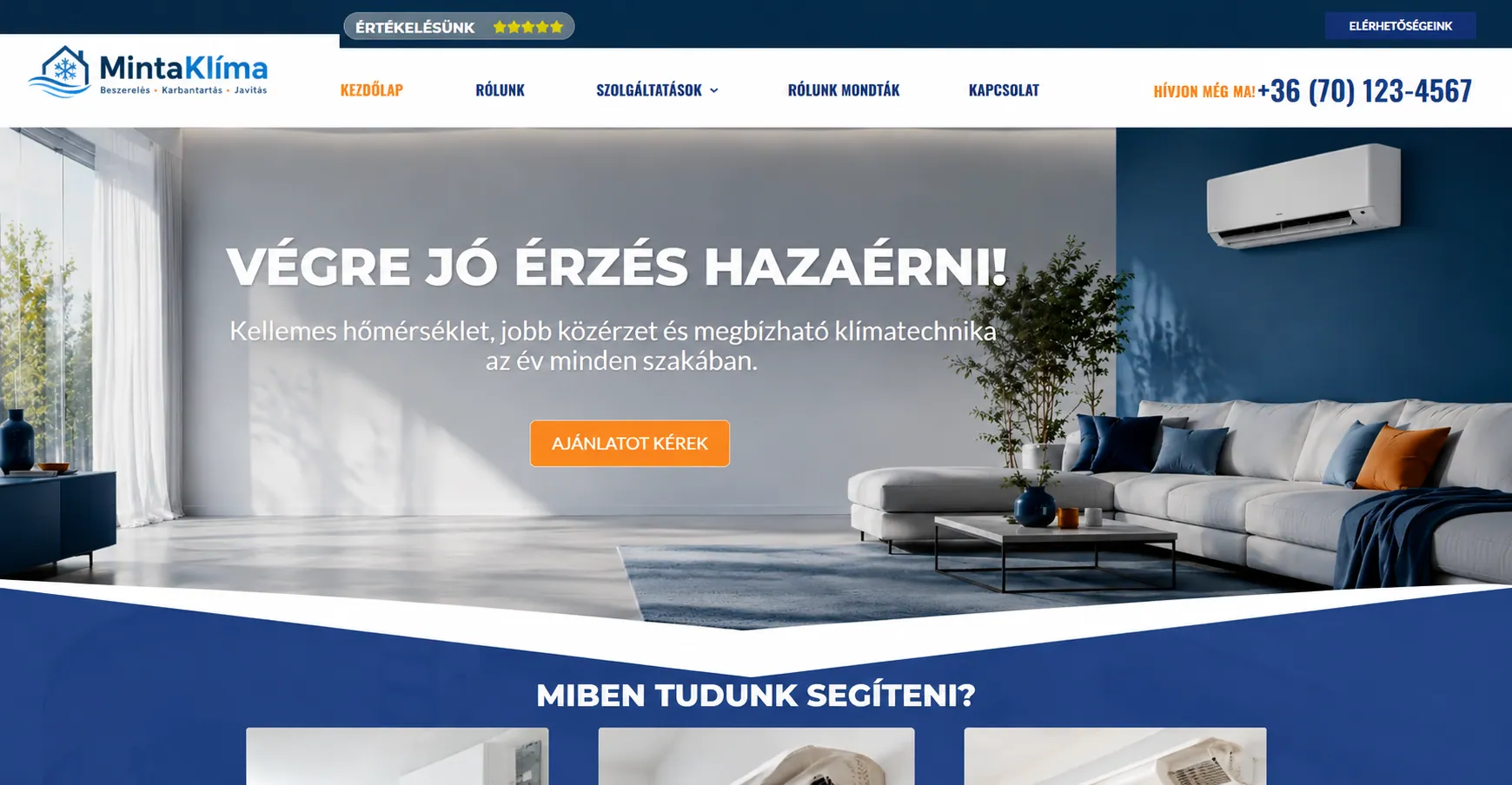 MintaKlíma klímatechnikai demó weboldal előnézete