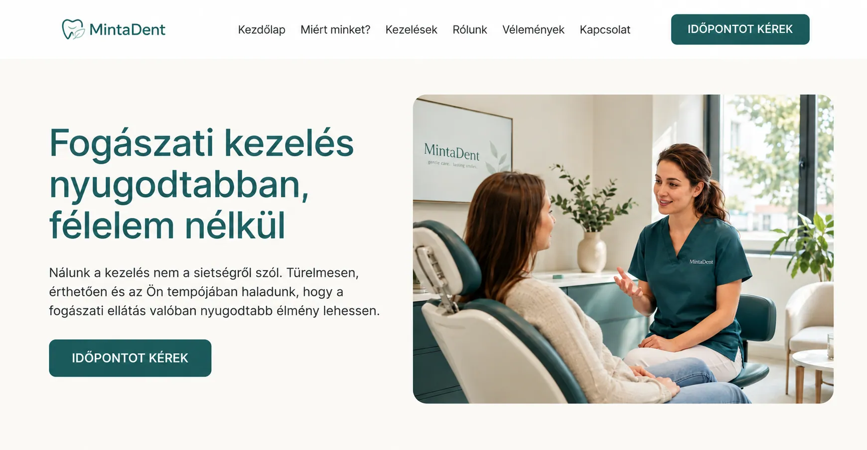 MintaDent fogászati demó oldal kezdőlapjának előnézete, bal oldalon címsorral és gombbal, jobb oldalon fogorvosi konzultációt ábrázoló képpel.